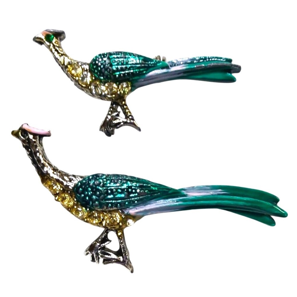 Vintage Set of 2 Roadrunner Bird Enamel & Rhinestones Brooch Pins Silver Tone
